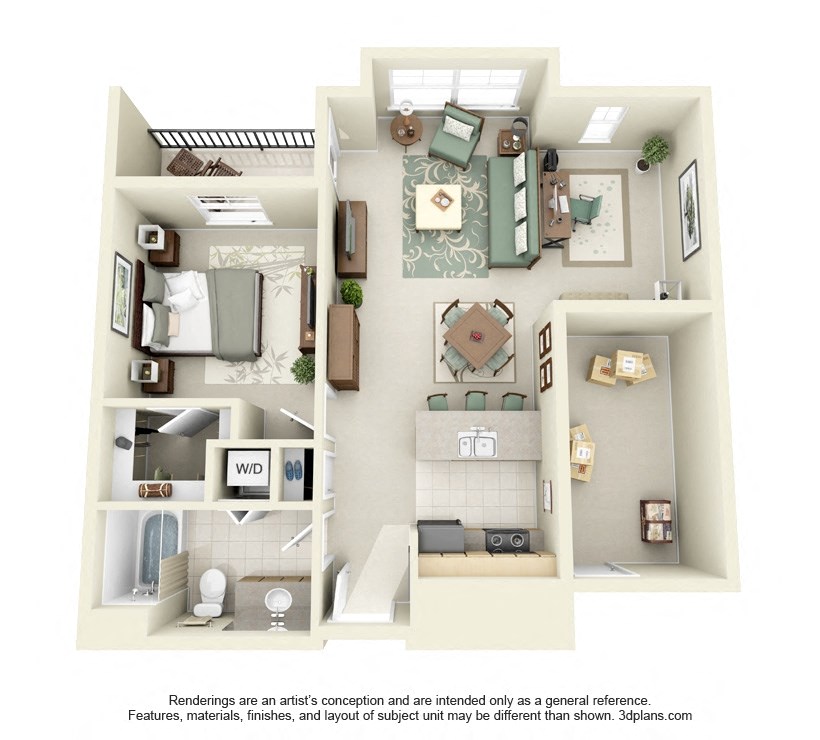 Floor plan for 1 bed, 1 bath, 814 sqft